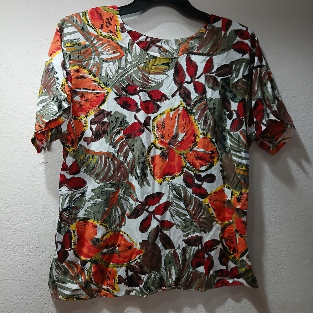 Liberty House  young Hawaii  L Floral Print Short Sleeve Blouse top